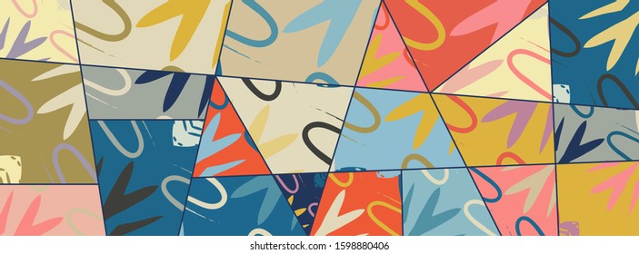 Abstract collage asymmetric pattern. Digital freehand art, grunge texture. Vector patchwork quilt background. Decorative elements, brush strokes ornament for flyer, poster, cover, textile fabric print
