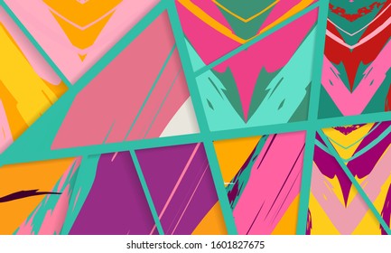 Abstract collage asymmetric pattern. Digital freehand art, grunge texture. Vector patchwork quilt background. Decorative elements, brush strokes ornament for flyer, poster, cover, textile fabric print