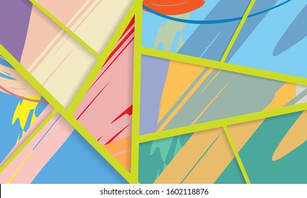 Abstract collage asymmetric pattern. Digital freehand art, grunge texture. Vector patchwork quilt background. Decorative elements, brush strokes ornament for flyer, poster, cover, textile fabric print