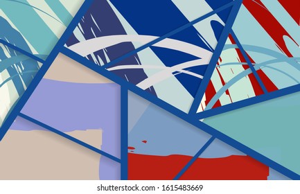 Abstract collage asymmetric pattern. Digital freehand art, grunge texture. Vector patchwork quilt background. Decorative elements, brush strokes ornament for flyer, poster, cover, textile fabric print