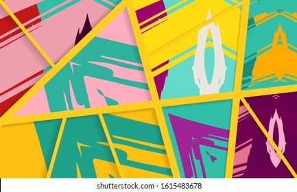 Abstract collage asymmetric pattern. Digital freehand art, grunge texture. Vector patchwork quilt background. Decorative elements, brush strokes ornament for flyer, poster, cover, textile fabric print
