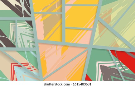 Abstract collage asymmetric pattern. Digital freehand art, grunge texture. Vector patchwork quilt background. Decorative elements, brush strokes ornament for flyer, poster, cover, textile fabric print