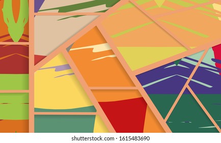 Abstract collage asymmetric pattern. Digital freehand art, grunge texture. Vector patchwork quilt background. Decorative elements, brush strokes ornament for flyer, poster, cover, textile fabric print