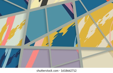 Abstract collage asymmetric pattern. Digital freehand art, grunge texture. Vector patchwork quilt background. Decorative elements, brush strokes ornament for flyer, poster, cover, textile fabric print