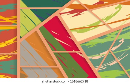 Abstract collage asymmetric pattern. Digital freehand art, grunge texture. Vector patchwork quilt background. Decorative elements, brush strokes ornament for flyer, poster, cover, textile fabric print