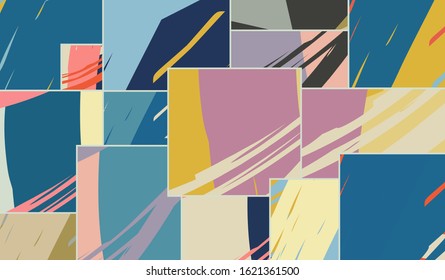 Abstract collage asymmetric pattern. Digital freehand art, grunge texture. Vector patchwork quilt background. Decorative elements, brush strokes ornament for flyer, poster, cover, textile fabric print