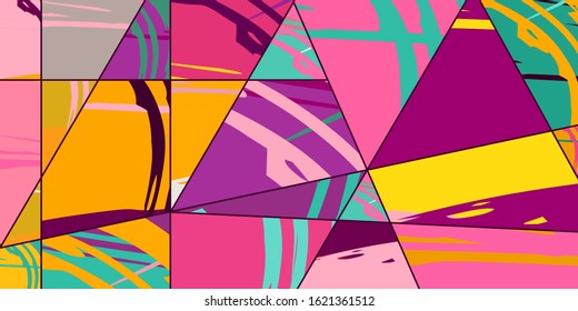 Abstract collage asymmetric pattern. Digital freehand art, grunge texture. Vector patchwork quilt background. Decorative elements, brush strokes ornament for flyer, poster, cover, textile fabric print