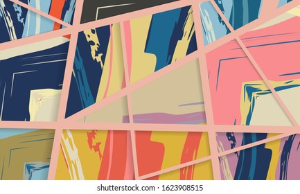 Abstract collage asymmetric pattern. Digital freehand art, grunge texture. Vector patchwork quilt background. Decorative elements, brush strokes ornament for flyer, poster, cover, textile fabric print