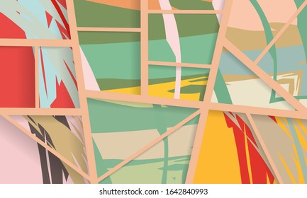 Abstract collage asymmetric pattern. Digital freehand art, grunge texture. Vector patchwork quilt background. Decorative elements, brush strokes ornament for flyer, poster, cover, textile fabric print
