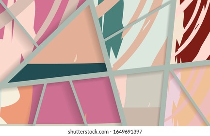 Abstract collage asymmetric pattern. Digital freehand art, grunge texture. Vector patchwork quilt background. Decorative elements, brush strokes ornament for flyer, poster, cover, textile fabric print