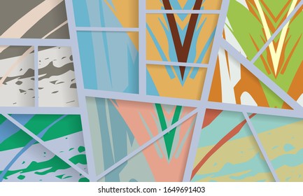 Abstract collage asymmetric pattern. Digital freehand art, grunge texture. Vector patchwork quilt background. Decorative elements, brush strokes ornament for flyer, poster, cover, textile fabric print