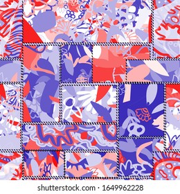 Abstract collage asymmetric pattern. Digital freehand art, grunge texture. Vector patchwork quilt background. Decorative elements, brush strokes ornament for flyer, poster, cover, textile fabric print