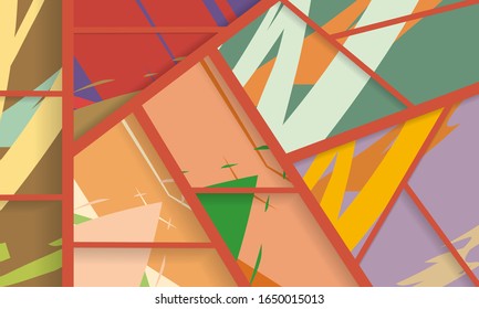 Abstract collage asymmetric pattern. Digital freehand art, grunge texture. Vector patchwork quilt background. Decorative elements, brush strokes ornament for flyer, poster, cover, textile fabric print