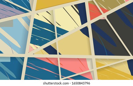 Abstract collage asymmetric pattern. Digital freehand art, grunge texture. Vector patchwork quilt background. Decorative elements, brush strokes ornament for flyer, poster, cover, textile fabric print