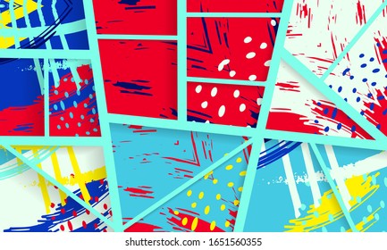Patrón asimétrico abstracto del colaje. Arte de mano libre digital, textura gruesa. Fondo del tejido de mosaico de mosaico de trabajo de vectores. Elementos decorativos, trazos de pincel adornados para volante, afiche, tapa, tela textil