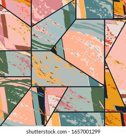 Patrón asimétrico abstracto del colaje. Arte de mano libre digital, textura gruesa. Fondo del tejido de mosaico de mosaico de trabajo de vectores. Elementos decorativos, trazos de pincel adornados para volante, afiche, tapa, tela textil