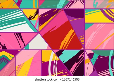 Abstract collage asymmetric pattern. Digital freehand art, grunge texture. Vector patchwork quilt background. Decorative elements, brush strokes ornament for flyer, poster, cover, textile fabric print