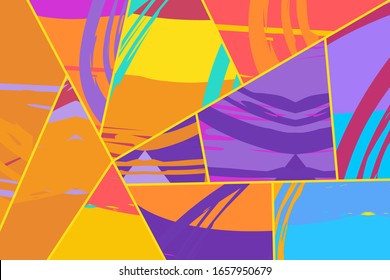 Abstract collage asymmetric pattern. Digital freehand art, grunge texture. Vector patchwork quilt background. Decorative elements, brush strokes ornament for flyer, poster, cover, textile fabric print