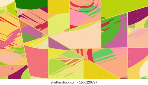 Patrón asimétrico abstracto del colaje. Arte de mano libre digital, textura gruesa. Fondo del tejido de mosaico de mosaico de trabajo de vectores. Elementos decorativos, trazos de pincel adornados para volante, afiche, tapa, tela textil