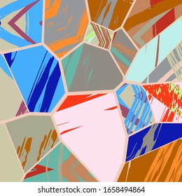 Abstract collage asymmetric pattern. Digital freehand art, grunge texture. Vector patchwork quilt background. Decorative elements, brush strokes ornament for flyer, poster, cover, textile fabric print