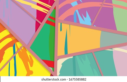 Patrón asimétrico abstracto del colaje. Arte de mano libre digital, textura gruesa. Fondo del tejido de mosaico de mosaico de trabajo de vectores. Elementos decorativos, trazos de pincel adornados para volante, afiche, tapa, tela textil