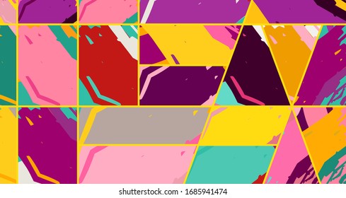 Patrón asimétrico abstracto del colaje. Arte de mano libre digital, textura gruesa. Fondo del tejido de mosaico de mosaico de trabajo de vectores. Elementos decorativos, trazos de pincel adornados para volante, afiche, tapa, tela textil