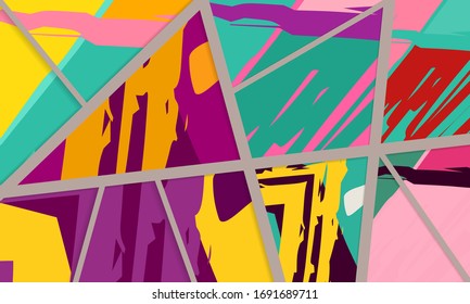 Patrón asimétrico abstracto del colaje. Arte de mano libre digital, textura gruesa. Fondo del tejido de mosaico de mosaico de trabajo de vectores. Elementos decorativos, trazos de pincel adornados para volante, afiche, tapa, tela textil