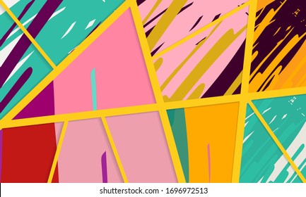 Abstract collage asymmetric pattern. Digital freehand art, grunge texture. Vector patchwork quilt background. Decorative elements, brush strokes ornament for flyer, poster, cover, textile fabric print