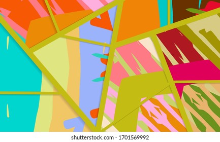 Abstract collage asymmetric pattern. Digital freehand art, grunge texture. Vector patchwork quilt background. Decorative elements, brush strokes ornament for flyer, poster, cover, textile fabric print