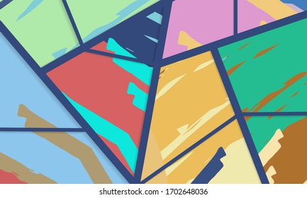 Patrón asimétrico abstracto del colaje. Arte de mano libre digital, textura gruesa. Fondo del tejido de mosaico de mosaico de trabajo de vectores. Elementos decorativos, trazos de pincel adornados para volante, afiche, tapa, tela textil