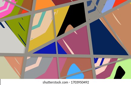 Patrón asimétrico abstracto del colaje. Arte de mano libre digital, textura gruesa. Fondo del tejido de mosaico de mosaico de trabajo de vectores. Elementos decorativos, trazos de pincel adornados para volante, afiche, tapa, tela textil