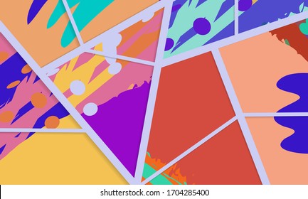 Patrón asimétrico abstracto del colaje. Arte de mano libre digital, textura gruesa. Fondo del tejido de mosaico de mosaico de trabajo de vectores. Elementos decorativos, trazos de pincel adornados para volante, afiche, tapa, tela textil