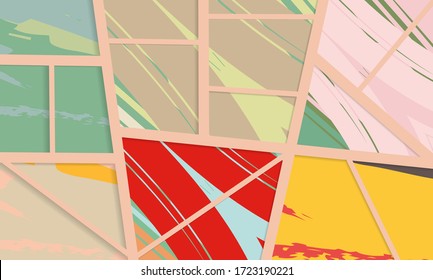 Abstract collage asymmetric pattern. Digital freehand art, grunge texture. Vector patchwork quilt background. Decorative elements, brush strokes ornament for flyer, poster, cover, textile fabric print