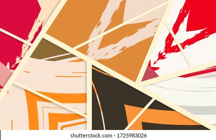 Abstract collage asymmetric pattern. Digital freehand art, grunge texture. Vector patchwork quilt background. Decorative elements, brush strokes ornament for flyer, poster, cover, textile fabric print