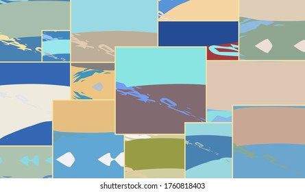 Abstract collage asymmetric pattern. Digital freehand art, grunge texture. Vector patchwork quilt background. Decorative elements, brush strokes ornament for flyer, poster, cover, textile fabric print