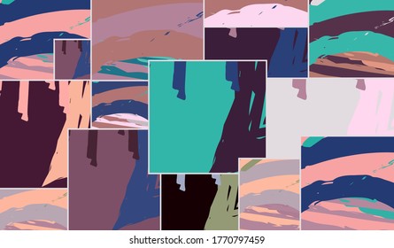 Patrón asimétrico abstracto del collage. Arte de mano alzada digital, textura gruesa. Fondo del tejido del parchwork del vector. Elementos decorativos, adornos de pinceladas de pincel para volante, afiche, cubierta, estampado de tela textil
