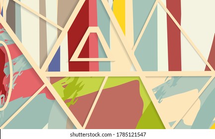Abstract collage asymmetric pattern. Digital freehand art, grunge texture. Vector patchwork quilt background. Decorative elements, brush strokes ornament for flyer, poster, cover, textile fabric print