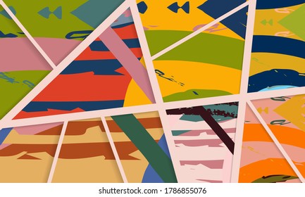 Abstract collage asymmetric pattern. Digital freehand art, grunge texture. Vector patchwork quilt background. Decorative elements, brush strokes ornament for flyer, poster, cover, textile fabric print