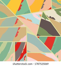 Abstract collage asymmetric pattern. Digital freehand art, grunge texture. Vector patchwork quilt background. Decorative elements, brush strokes ornament for flyer, poster, cover, textile fabric print