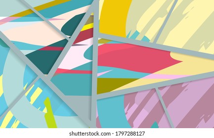 Abstract collage asymmetric pattern. Digital freehand art, grunge texture. Vector patchwork quilt background. Decorative elements, brush strokes ornament for flyer, poster, cover, textile fabric print