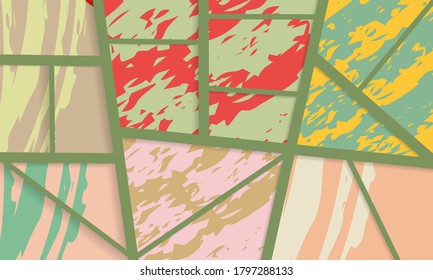Abstract collage asymmetric pattern. Digital freehand art, grunge texture. Vector patchwork quilt background. Decorative elements, brush strokes ornament for flyer, poster, cover, textile fabric print