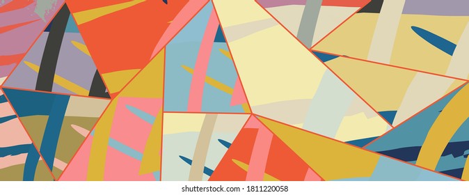 Patrón asimétrico abstracto del collage. Arte de mano alzada digital, textura gruesa. Fondo del tejido del parchwork del vector. Elementos decorativos, adornos de pinceladas de pincel para volante, afiche, cubierta, estampado de tela textil