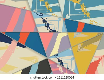 Abstract collage asymmetric pattern. Digital freehand art, grunge texture. Vector patchwork quilt background. Decorative elements, brush strokes ornament for flyer, poster, cover, textile fabric print