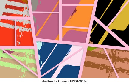 Abstrakte Collage asymmetrisches Muster. Digitale Freehand-Kunst, Grunge-Textur. Vektorgrafik-Flickenteppichboden, quilter Hintergrund. Dekorative Elemente, Pinselstriche für Flyer, Poster, Deckel, Stoffdruck