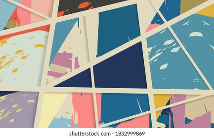 Abstract collage asymmetric pattern. Digital freehand art, grunge texture. Vector patchwork quilt background. Decorative elements, brush strokes ornament for flyer, poster, cover, textile fabric print