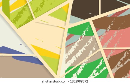 Abstract collage asymmetric pattern. Digital freehand art, grunge texture. Vector patchwork quilt background. Decorative elements, brush strokes ornament for flyer, poster, cover, textile fabric print