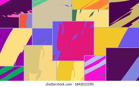 Abstract collage asymmetric pattern. Digital freehand art, grunge texture. Vector patchwork quilt background. Decorative elements, brush strokes ornament for flyer, poster, cover, textile fabric print