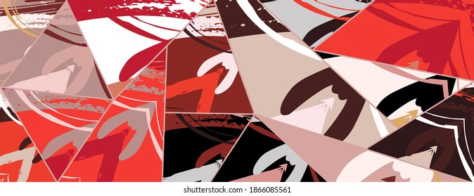 Abstract collage asymmetric pattern. Digital freehand art, grunge texture. Vector patchwork quilt background. Decorative elements, brush strokes ornament for flyer, poster, cover, textile fabric print