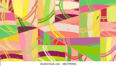 Abstract collage asymmetric pattern. Digital freehand art, grunge texture. Vector patchwork quilt background. Decorative elements, brush strokes ornament for flyer, poster, cover, textile fabric print