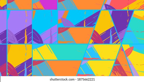 Abstract collage asymmetric pattern. Digital freehand art, grunge texture. Vector patchwork quilt background. Decorative elements, brush strokes ornament for flyer, poster, cover, textile fabric print